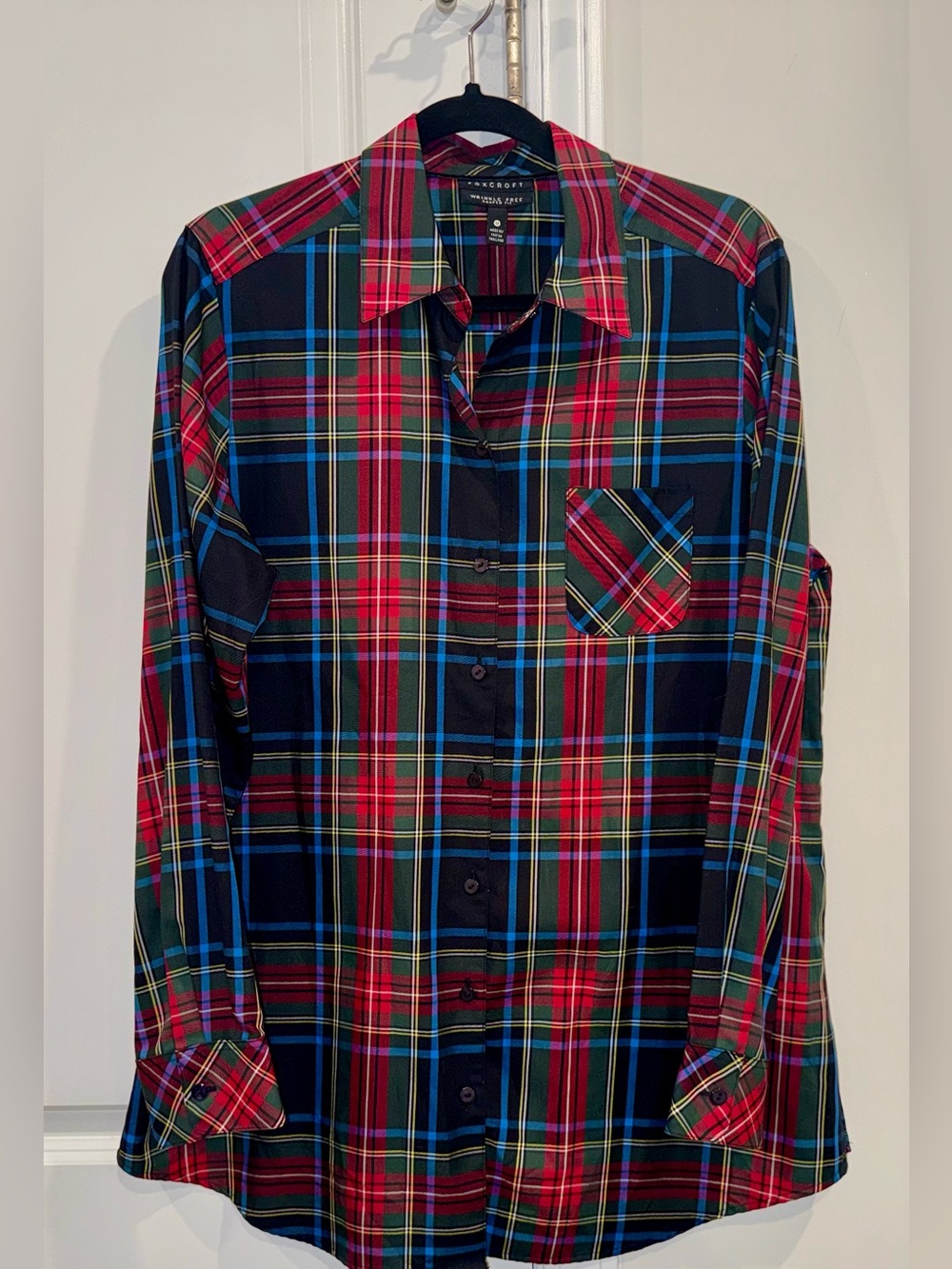 Womens Foxcroft Multicolor Plaid Shirt Button-Up Wrinkle Free Shaped Fit Size 14